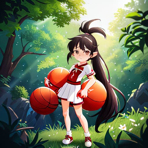  anime girl black hair bright dark brown eyes red and white basketball uniform with the number 18 and the name Nicky white and black shoes Have your hair in a medium high ponytail with two strands on the sides of your ears, have a basketball and look full body Pastel Palette, Da Vinci's Dreams, Picasso's , Sunrise Splendors, Floral Fantasy, Mystical Moonscapes, Urban Nature, Crystal Clear, Cinematic hyperrealistic, full body, detailed clothing, highly detailed, cinematic lighting, stunningly beautiful, intricate, sharp focus, f/1. 8, 85mm, (centered image composition), (professionally color graded), ((bright soft diffused light)), volumetric fog, trending on instagram, trending on tumblr, HDR 4K, 8K