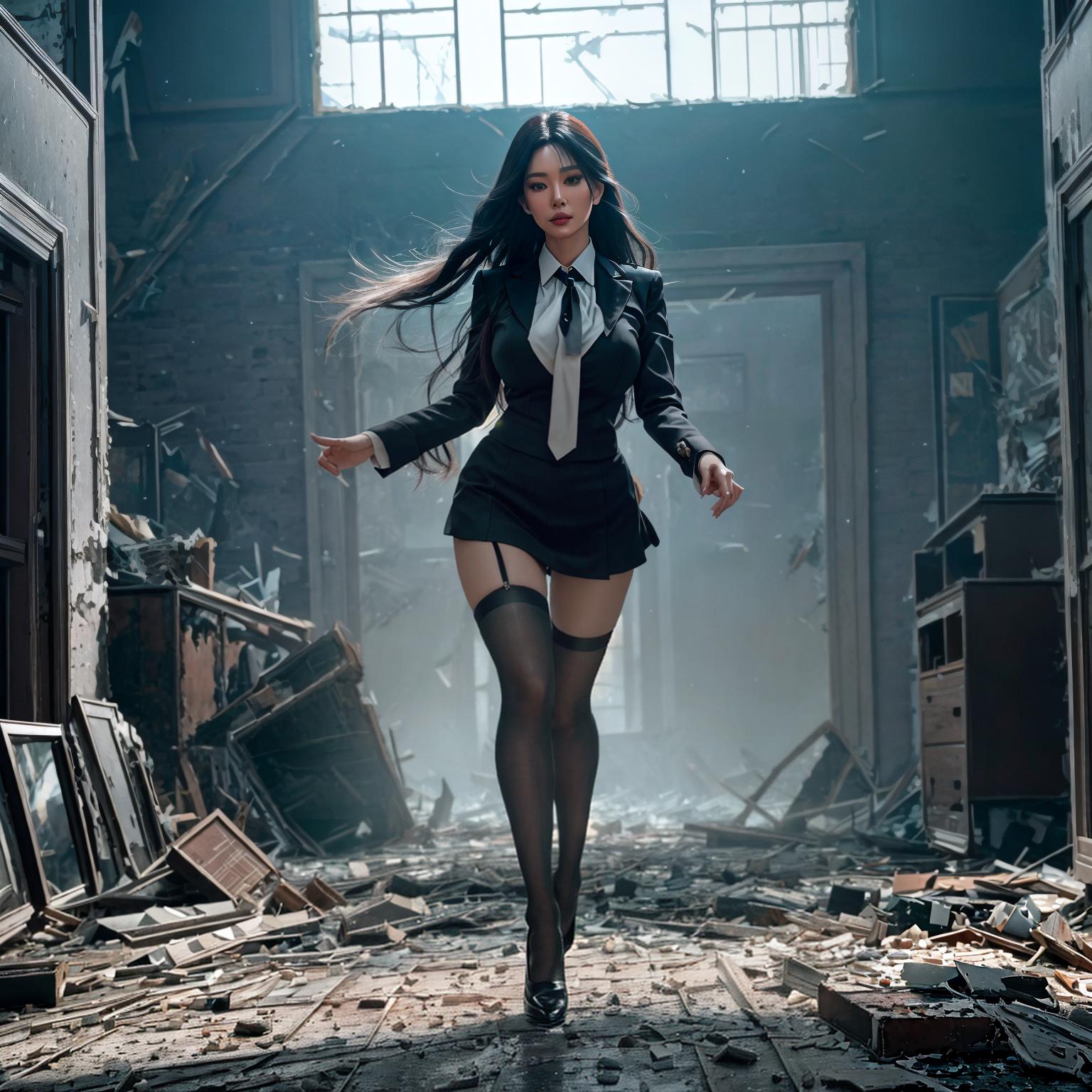  A wearing uniform and black stockings is running. a room with a broken window. beauty asia idol face, beauty face, perfect body, The room appears to be in a state of disrepair, with debris scattered around. The has a determined look on her face as she navigates through the ruined space. There's a scary huge monster running behind . hyperrealistic, full body, detailed clothing, highly detailed, cinematic lighting, stunningly beautiful, intricate, sharp focus, f/1. 8, 85mm, (centered image composition), (professionally color graded), ((bright soft diffused light)), volumetric fog, trending on instagram, trending on tumblr, HDR 4K, 8K