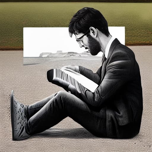 dublex style drawing, b&w, man in glasses, reading book, sitting, nature drawings skins the man