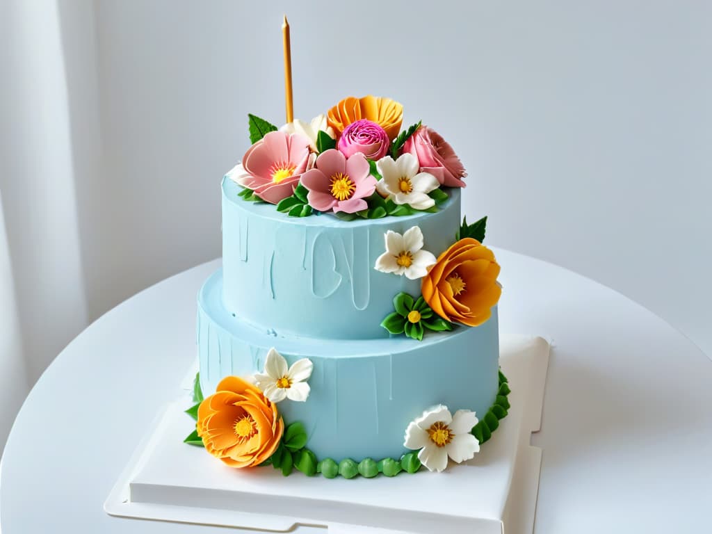  A highresolution, minimalist image showcasing a stepbystep process of decorating an elegant tiered cake with intricate floral designs using piping bags filled with pastelcolored frosting. The image focuses on a pair of skilled hands delicately piping buttercream flowers onto the cake, highlighting the precision and artistry involved in creating stunning desserts for special events. The background is a clean, white surface to emphasize the beauty and detail of the cake decoration process. hyperrealistic, full body, detailed clothing, highly detailed, cinematic lighting, stunningly beautiful, intricate, sharp focus, f/1. 8, 85mm, (centered image composition), (professionally color graded), ((bright soft diffused light)), volumetric fog, trending on instagram, trending on tumblr, HDR 4K, 8K