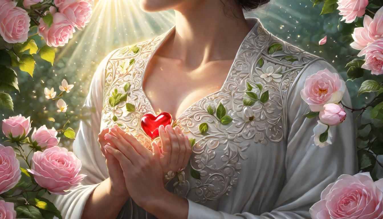  digital illustration, Heart enveloped in a soft, nurturing glow, hands cupping the light tenderly, growth of sacred blossoms around, nurturing love, intentionality, sacred cultivation, looking at viewer, dynamic pose, (intricate details, masterpiece, best quality)