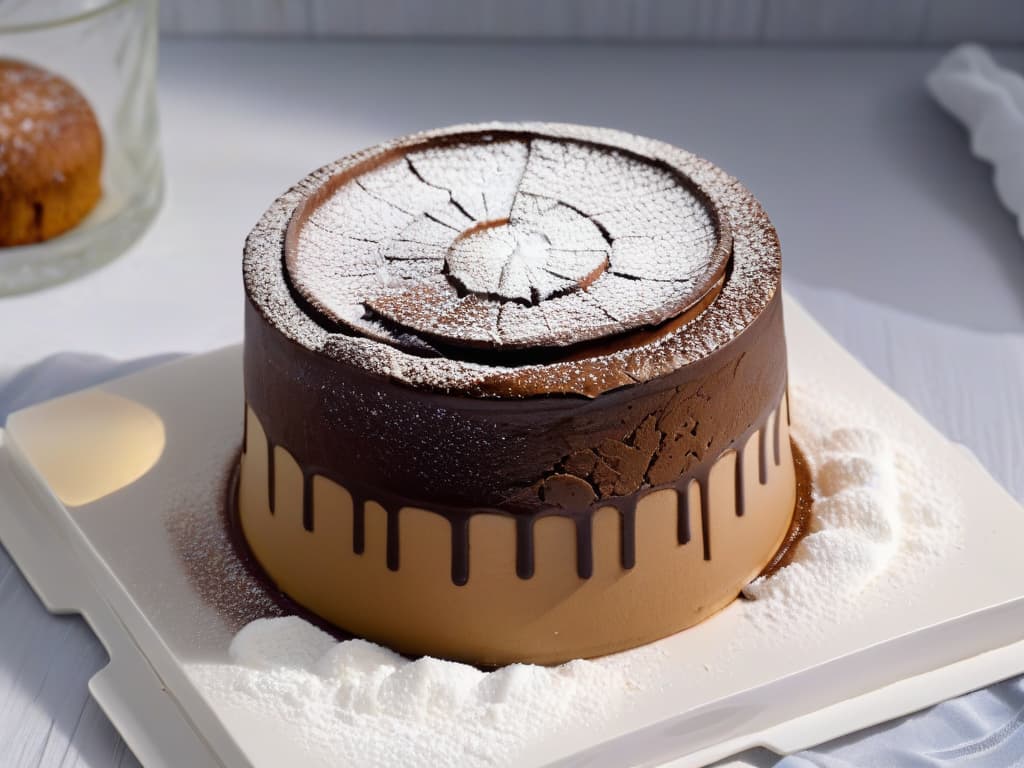  An ultradetailed closeup image of a decadent chocolate soufflé in a white ramekin, perfectly risen and golden brown on top, with a dusting of powdered sugar creating a delicate contrast. The texture of the soufflé is visibly light and airy, with tiny air bubbles captured in the smooth, glossy surface. The background is subtly blurred, emphasizing the elegance and simplicity of this classic dessert, making it a visually stunning focal point that exudes sophistication and culinary mastery. hyperrealistic, full body, detailed clothing, highly detailed, cinematic lighting, stunningly beautiful, intricate, sharp focus, f/1. 8, 85mm, (centered image composition), (professionally color graded), ((bright soft diffused light)), volumetric fog, trending on instagram, trending on tumblr, HDR 4K, 8K