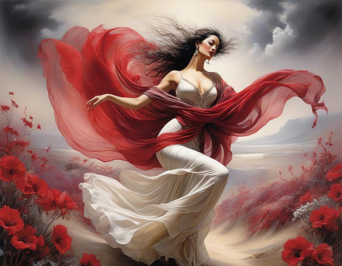  surrealist art depict an spanish woman, dancing, flowing floral scarf, elegant body lining. the backdrop is an ethereal spanish dreamscape of soft tones crimson, red, off white, magenta, grey. highly detailed. magic realism. alchemy. pastels, pen, ink and wash. luis royo, joaquin sorolla, georgia o’keeffe, arthur rackham. highest quality . dreamlike, mysterious, provocative, symbolic, intricate, detailed hyperrealistic, full body, detailed clothing, highly detailed, cinematic lighting, stunningly beautiful, intricate, sharp focus, f/1. 8, 85mm, (centered image composition), (professionally color graded), ((bright soft diffused light)), volumetric fog, trending on instagram, trending on tumblr, HDR 4K, 8K