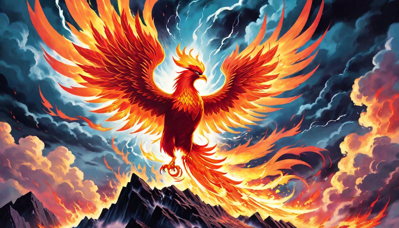  retro futuristic Phoenix rising from ashes against a stormy sky, embodiment of transformation through adversity, flames subtly forming patterns of rebirth, conveying a sense of power and renewal lvintage sci fi, 50s and 60s style, atomic age, vibrant, highly detailed