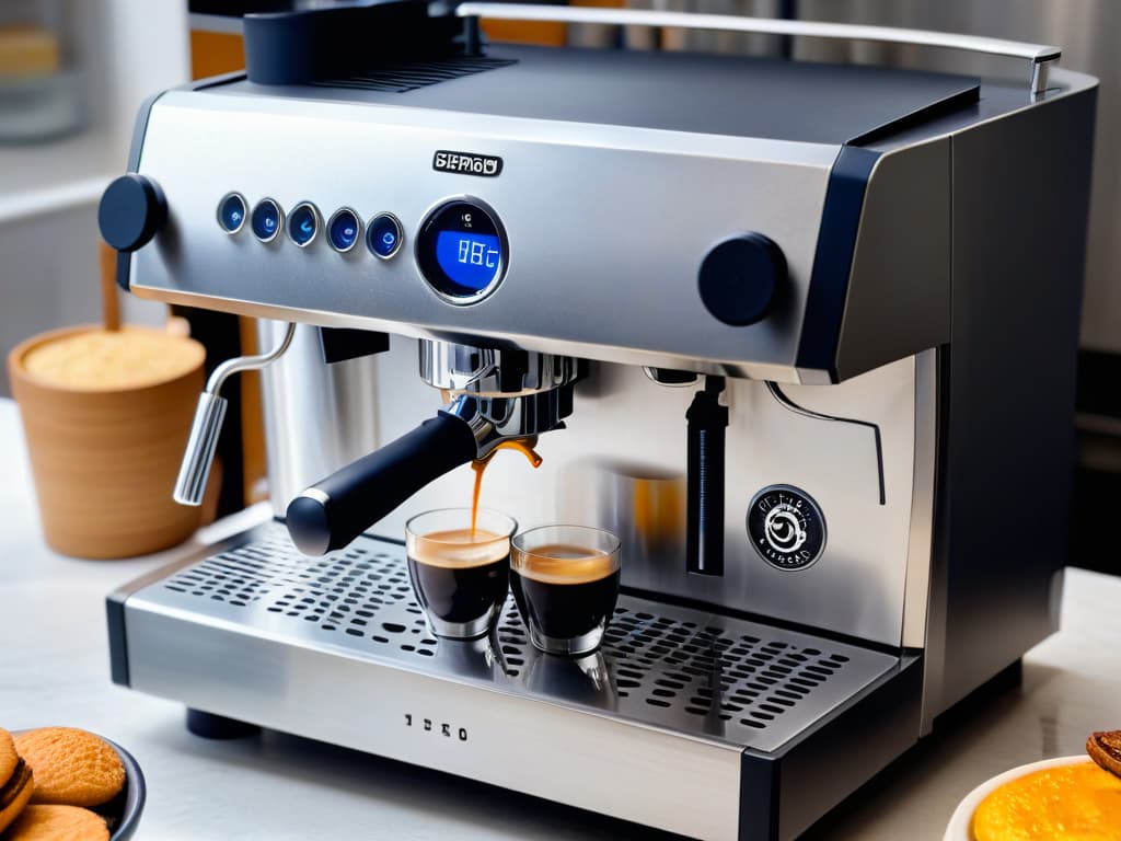  A closeup, photorealistic image of an elegant, sleek highend espresso machine in a modern kitchen setting. The machine is gleaming with polished chrome accents, casting a soft reflection of ambient light. Steam gently rises from the espresso spout, creating a dreamy, atmospheric effect. The background features a sophisticated array of gourmet desserts beautifully presented on a marble countertop, enhancing the luxurious and indulgent vibe of the scene. hyperrealistic, full body, detailed clothing, highly detailed, cinematic lighting, stunningly beautiful, intricate, sharp focus, f/1. 8, 85mm, (centered image composition), (professionally color graded), ((bright soft diffused light)), volumetric fog, trending on instagram, trending on tumblr, HDR 4K, 8K