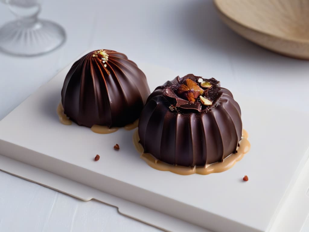  A closeup, ultradetailed image of a perfectly tempered dark chocolate shell being delicately filled with a smooth hazelnut praline ganache, captured in a sleek, minimalistic style. The glossy surface of the chocolate shell reflects the ambient light, highlighting the precision and artistry involved in creating exquisite homemade filled chocolates. hyperrealistic, full body, detailed clothing, highly detailed, cinematic lighting, stunningly beautiful, intricate, sharp focus, f/1. 8, 85mm, (centered image composition), (professionally color graded), ((bright soft diffused light)), volumetric fog, trending on instagram, trending on tumblr, HDR 4K, 8K