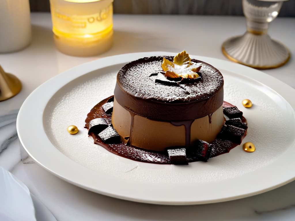  A closeup, ultradetailed image of a delicate chocolate soufflé sprinkled with edible gold flakes, served on a pristine white plate. The soufflé is perfectly risen, revealing a molten center, surrounded by a dusting of cocoa powder. The plate sits on a polished marble table, with a subtle soft focus background of a dimly lit elegant dining room, creating a luxurious and inviting atmosphere. hyperrealistic, full body, detailed clothing, highly detailed, cinematic lighting, stunningly beautiful, intricate, sharp focus, f/1. 8, 85mm, (centered image composition), (professionally color graded), ((bright soft diffused light)), volumetric fog, trending on instagram, trending on tumblr, HDR 4K, 8K