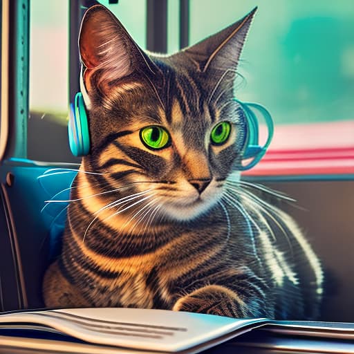 nvinkpunk Realistic image of a cat wearing headphones and reading glasses while riding a bus. hyperrealistic, full body, detailed clothing, highly detailed, cinematic lighting, stunningly beautiful, intricate, sharp focus, f/1. 8, 85mm, (centered image composition), (professionally color graded), ((bright soft diffused light)), volumetric fog, trending on instagram, trending on tumblr, HDR 4K, 8K