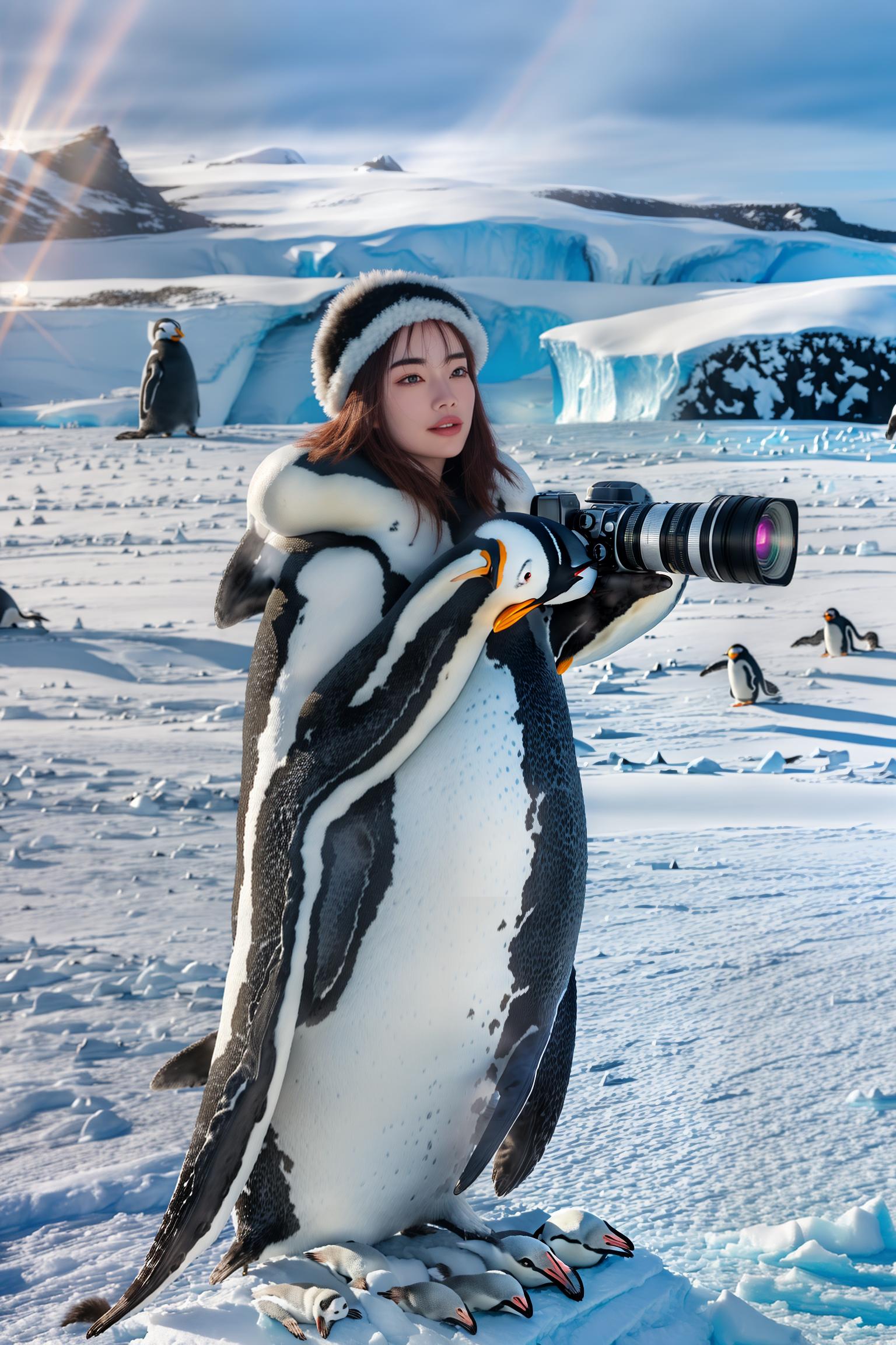  masterpiece,(bestquality),highlydetailed,(female:1.5),(beautiful:1.3),(warm clothing:1.5),{clothing: down jacket: snow boots: fur trimmed hat:1.3},(holding a camera:1.5),(determined gaze:1.3),(rosy cheeks:1.5),(Antarctic landscape:1.5),{landscape: snow covered plains or mountains:1.3},(group of penguins:1.5),{penguins: separated from the character:1.2},(glaciers and blizzard:1.3),(sunlight piercing the clouds:1.5),{symbol: optimism: resilience:1.2} hyperrealistic, full body, detailed clothing, highly detailed, cinematic lighting, stunningly beautiful, intricate, sharp focus, f/1. 8, 85mm, (centered image composition), (professionally color graded), ((bright soft diffused light)), volumetric fog, trending on instagram, trending on tumblr, HDR 4K, 8K
