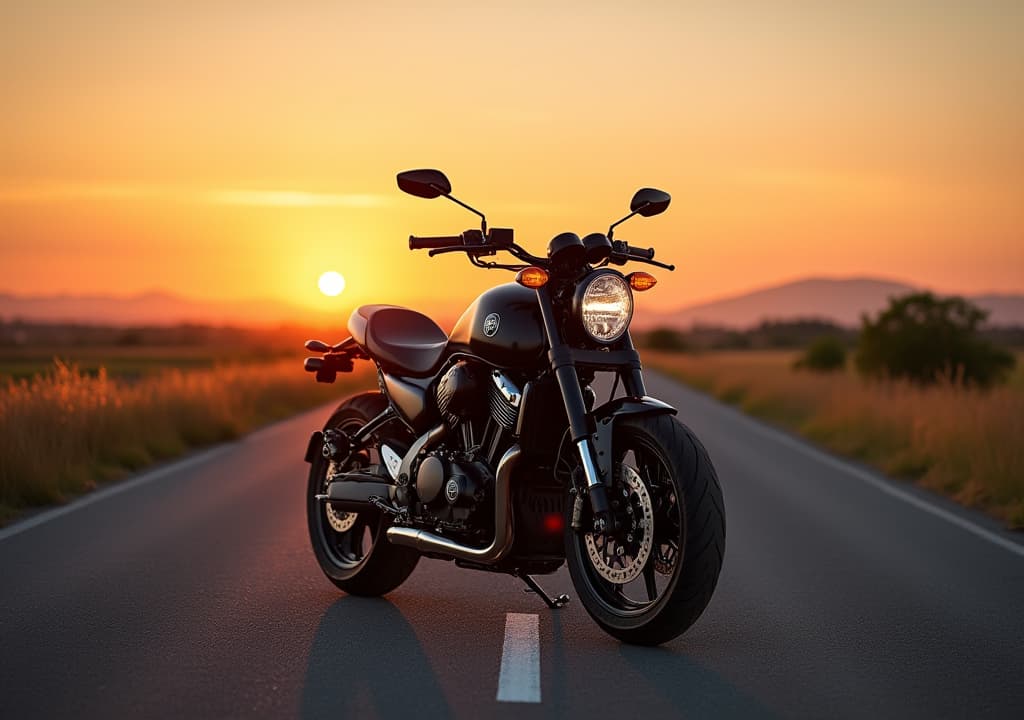  good quality, high quality, a stunning motorcycle parked on an open road at sunset, surrounded by vibrant nature and a serene atmosphere.