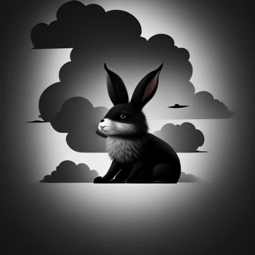  Old fashioned black and white coloured rabbit looks upstairs to see a dark cloud entity that is in the shape of a fox horror