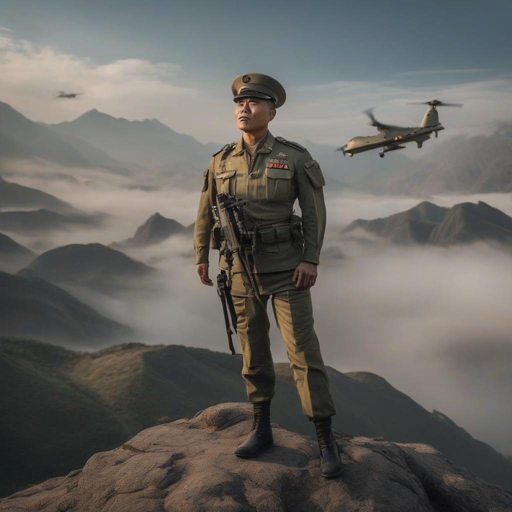  Chinese man, in military uniform, drone Keep in mind, possible aspect of it could be "Chinese man, in military uniform, holding/possessing drone" as well. hyperrealistic, full body, detailed clothing, highly detailed, cinematic lighting, stunningly beautiful, intricate, sharp focus, f/1. 8, 85mm, (centered image composition), (professionally color graded), ((bright soft diffused light)), volumetric fog, trending on instagram, trending on tumblr, HDR 4K, 8K