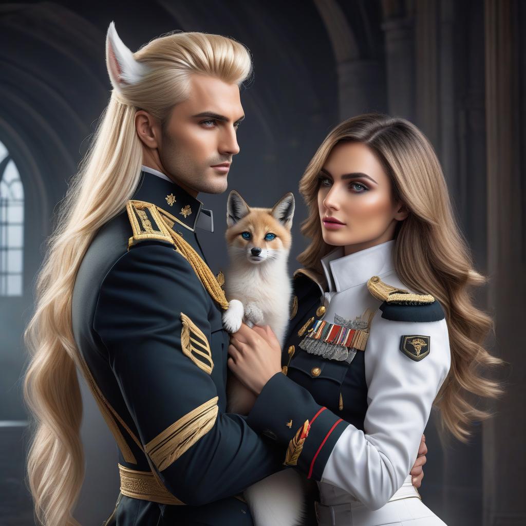  Realistically, a handsome man a blonde, with foxy ears, long hair, yellow eyes, wearing a white shirt and trousers, hugging a young woman in a black military uniform, who has dark hair, grey eyes, a sharp focus, bright, clear eyes, well drawn details, bright, vivid green eyes, a beautiful portrait illustration, a portrait in a fantasy style, blue and white highlights, bright colors, eyes, fantastic art, elaborate design, super detailed, sharp focus, 8k, high resolution, elegant. hyperrealistic, full body, detailed clothing, highly detailed, cinematic lighting, stunningly beautiful, intricate, sharp focus, f/1. 8, 85mm, (centered image composition), (professionally color graded), ((bright soft diffused light)), volumetric fog, trending on instagram, trending on tumblr, HDR 4K, 8K