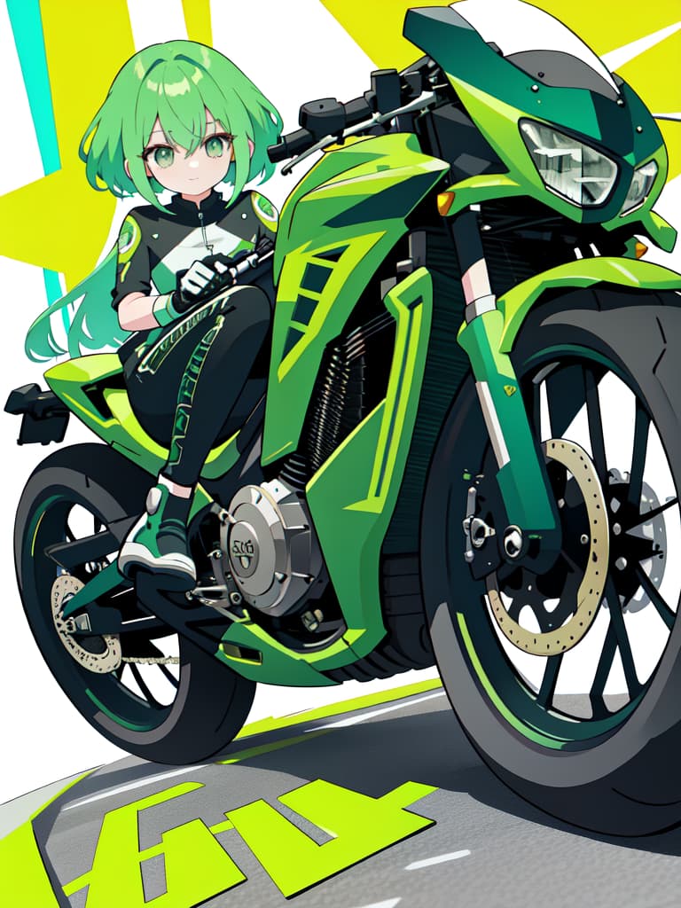  Motorcycle green hair character, masterpiece, best quality,8k,ultra detailed,high resolution,an extremely delicate and beautiful,hyper detail