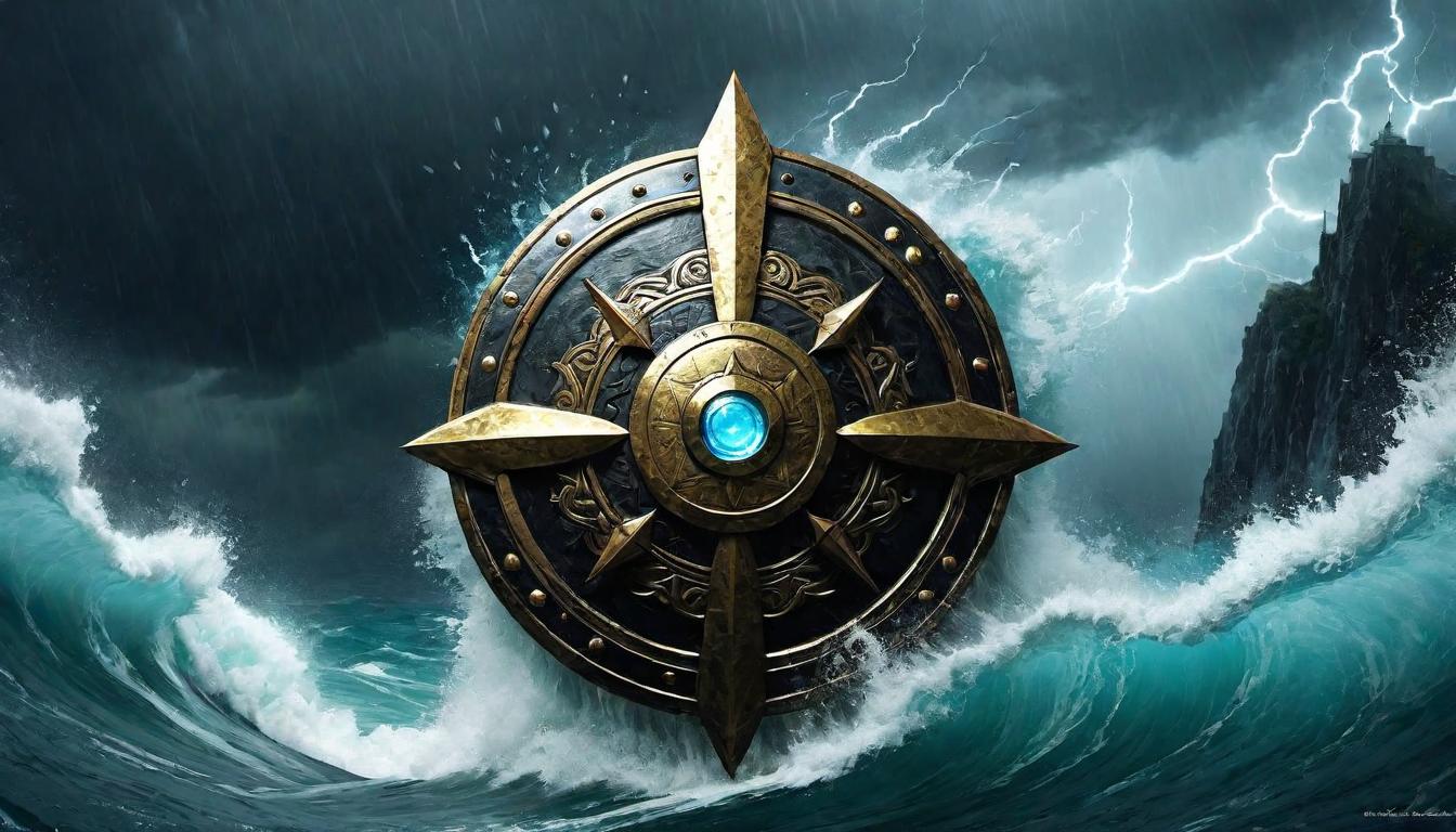  （surrealism)A shield emblazoned with a glowing symbol of stability, standing firm amidst a swirling storm, textures of the storm convey turbulence, shield radiates calm strength, protective aura, contrast between chaos and serenity mystic, intricate details, best quality)