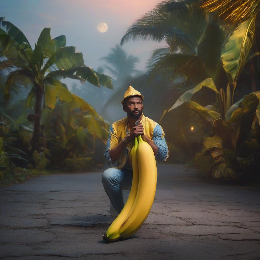  Banana in the moonlight hyperrealistic, full body, detailed clothing, highly detailed, cinematic lighting, stunningly beautiful, intricate, sharp focus, f/1. 8, 85mm, (centered image composition), (professionally color graded), ((bright soft diffused light)), volumetric fog, trending on instagram, trending on tumblr, HDR 4K, 8K