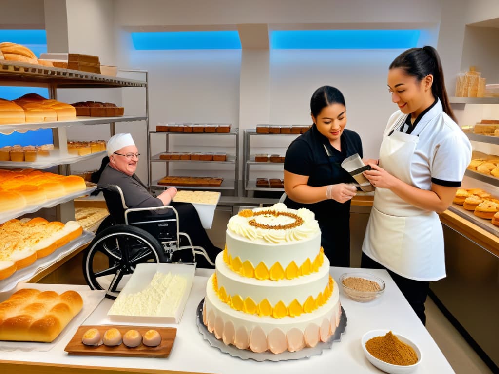  A photorealistic image depicting a diverse group of bakers with disabilities working together in a brightly lit bakery. The image showcases a young baker in a wheelchair skillfully decorating a cake, a baker with visual impairment carefully measuring ingredients, and a baker with hearing impairment kneading dough with a focused expression. The atmosphere is bustling yet serene, with shelves of freshly baked goods in the background and a sign that reads "Empowerment through Baking" in bold lettering. The warmth and camaraderie among the bakers are evident, evoking a sense of inclusivity and inspiration. hyperrealistic, full body, detailed clothing, highly detailed, cinematic lighting, stunningly beautiful, intricate, sharp focus, f/1. 8, 85mm, (centered image composition), (professionally color graded), ((bright soft diffused light)), volumetric fog, trending on instagram, trending on tumblr, HDR 4K, 8K