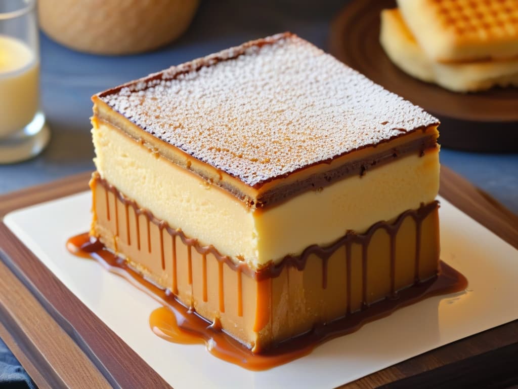  A closeup, ultradetailed image of a perfectly layered caramel slice, showcasing the glossy caramel topping, rich caramel filling, and buttery biscuit base. The caramel is drizzled elegantly on top, with a sprinkle of sea salt crystals glistening in the light, highlighting the perfect balance of sweetness and texture in this delectable dessert. hyperrealistic, full body, detailed clothing, highly detailed, cinematic lighting, stunningly beautiful, intricate, sharp focus, f/1. 8, 85mm, (centered image composition), (professionally color graded), ((bright soft diffused light)), volumetric fog, trending on instagram, trending on tumblr, HDR 4K, 8K