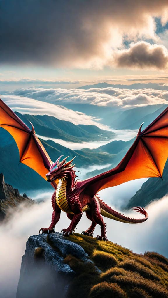  A majestic dragon soars through the clouds in a vibrant, fantastical landscape. hyperrealistic, full body, detailed clothing, highly detailed, cinematic lighting, stunningly beautiful, intricate, sharp focus, f/1. 8, 85mm, (centered image composition), (professionally color graded), ((bright soft diffused light)), volumetric fog, trending on instagram, trending on tumblr, HDR 4K, 8K