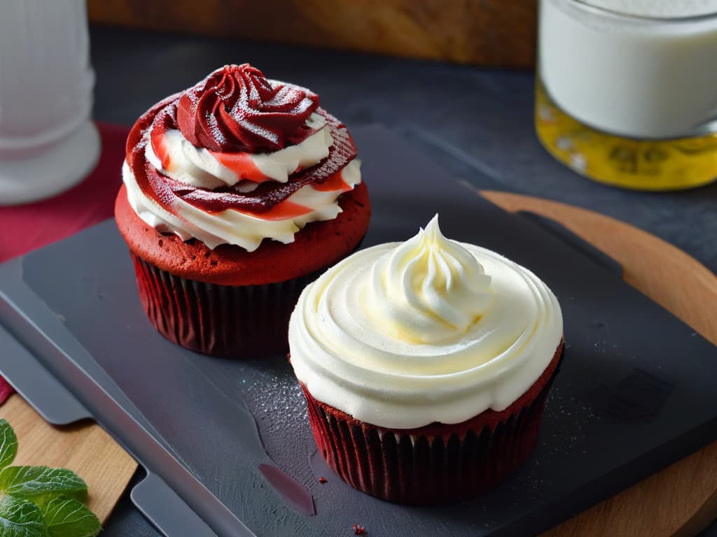  A closeup, ultradetailed image of a perfectly frosted vegan red velvet cupcake topped with a dollop of vegan sour cream, resting on a sleek, modern slate plate. The rich crimson hue of the cupcake contrasts beautifully with the creamy white topping, showcasing the decadent yet crueltyfree nature of vegan baking. The texture of the moist cake and the smooth, tangy cream is so vivid that viewers can almost taste the harmonious blend of flavors. hyperrealistic, full body, detailed clothing, highly detailed, cinematic lighting, stunningly beautiful, intricate, sharp focus, f/1. 8, 85mm, (centered image composition), (professionally color graded), ((bright soft diffused light)), volumetric fog, trending on instagram, trending on tumblr, HDR 4K, 8K