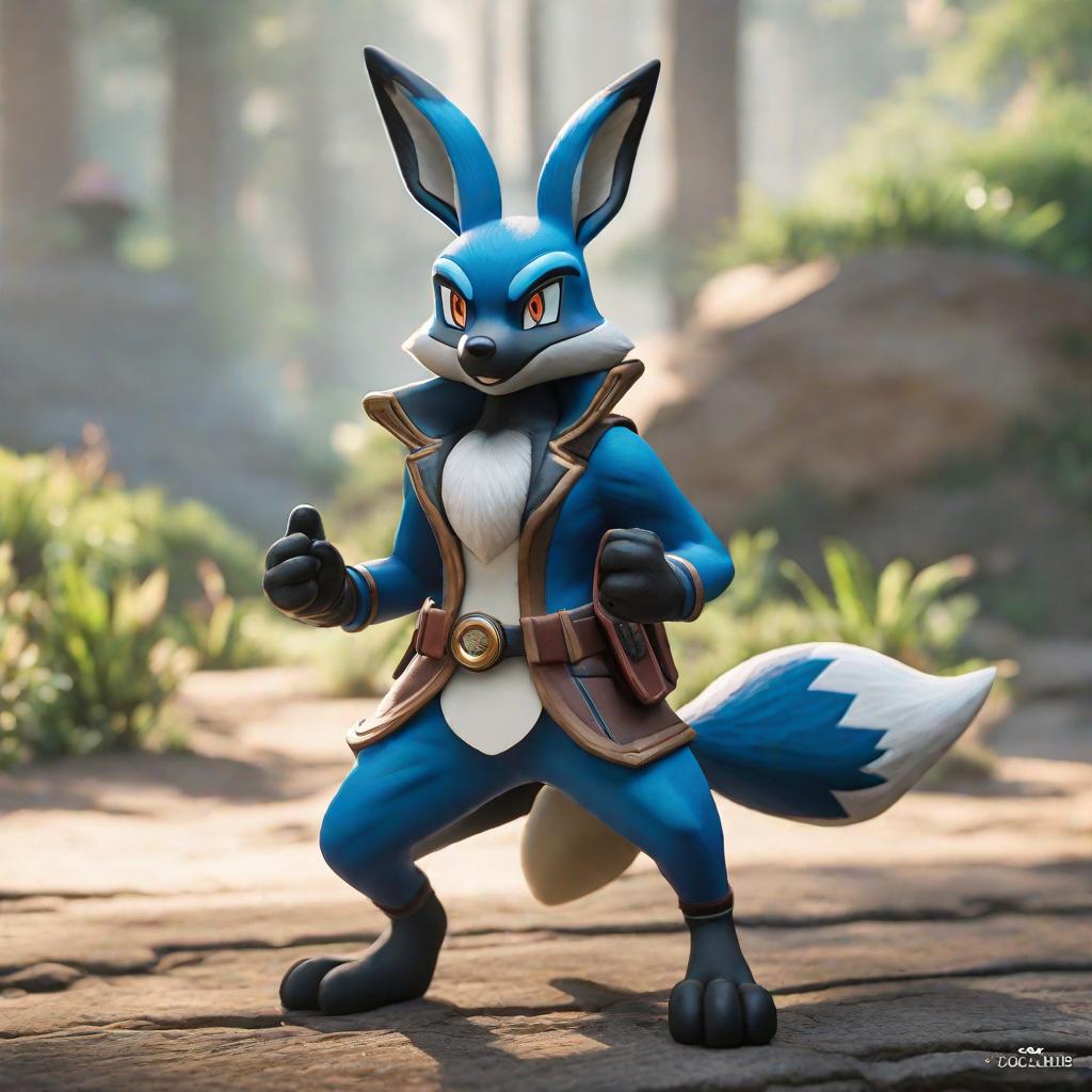  Lucario hyperrealistic, full body, detailed clothing, highly detailed, cinematic lighting, stunningly beautiful, intricate, sharp focus, f/1. 8, 85mm, (centered image composition), (professionally color graded), ((bright soft diffused light)), volumetric fog, trending on instagram, trending on tumblr, HDR 4K, 8K