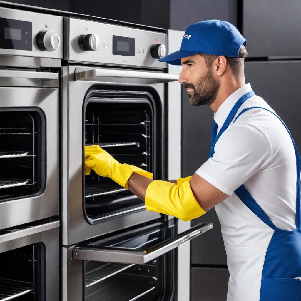  Create a visually appealing social media post featuring a professional cleaner from 'Clynergi Group' cleaning an oven. The image should show the cleaner in a branded uniform, actively cleaning or standing next to a shiny, spotless oven to demonstrate the quality of the cleaning service. Ensure the scene looks engaging and professional, and include the 'Clynergi Group' logo within the image to promote brand recognition. hyperrealistic, full body, detailed clothing, highly detailed, cinematic lighting, stunningly beautiful, intricate, sharp focus, f/1. 8, 85mm, (centered image composition), (professionally color graded), ((bright soft diffused light)), volumetric fog, trending on instagram, trending on tumblr, HDR 4K, 8K