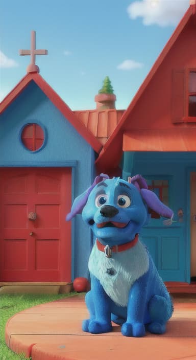  {Max the big blue dog standing in front of a cozy little house with a red door, The big blue dog is large with sky blue fur, big round eyes, a black nose, and floppy ears.