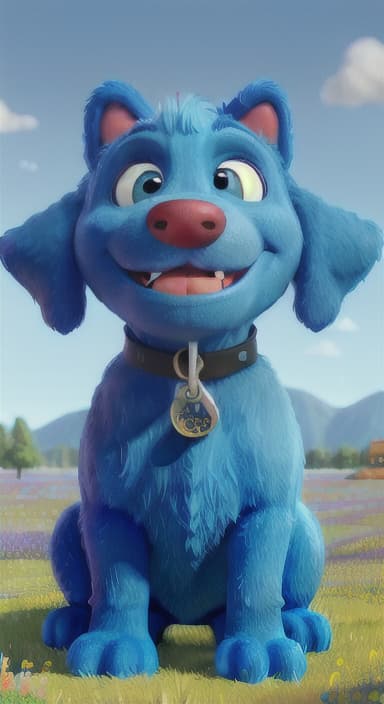  {A happy, big blue dog wagging its tail in a colorful meadow, The big blue dog is large with sky blue fur, big round eyes, a black nose, and floppy ears.