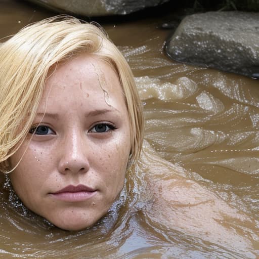  woman's face with blonde hair drowning in the river