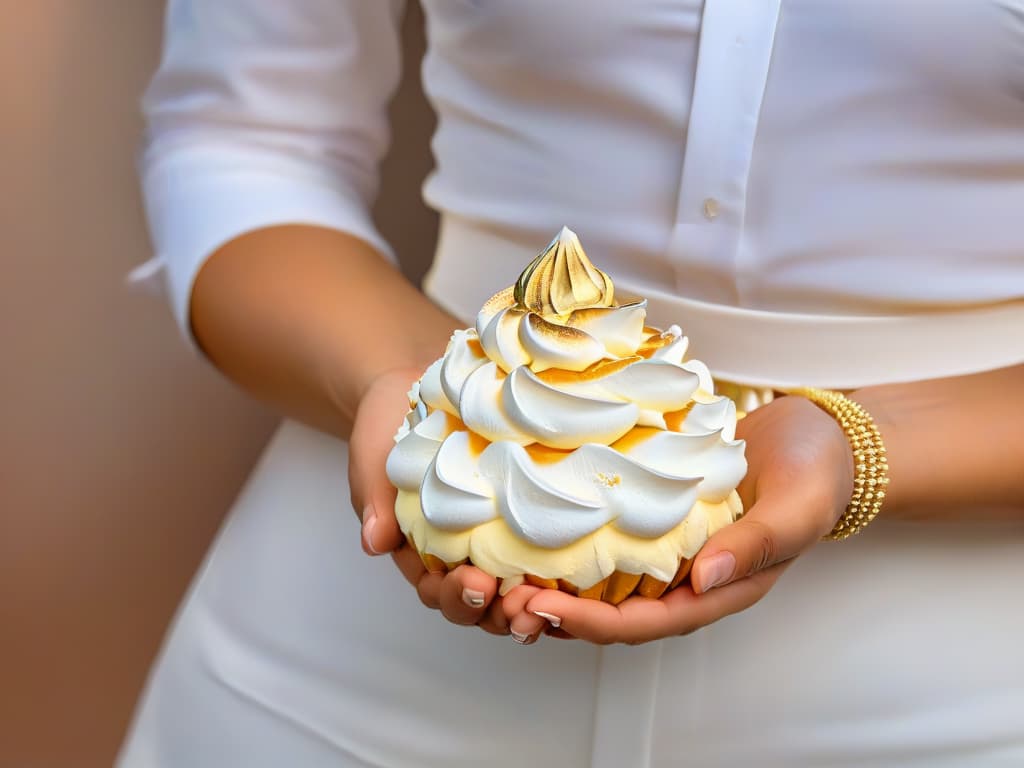  A closeup, ultradetailed image of a delicate hand gracefully holding a whisk covered in fluffy, white meringue peaks. The hand is adorned with a minimalist gold ring, and the background is softly blurred to emphasize the intricate details of the meringue. The lighting is soft, casting gentle shadows that highlight the texture of the peaks. hyperrealistic, full body, detailed clothing, highly detailed, cinematic lighting, stunningly beautiful, intricate, sharp focus, f/1. 8, 85mm, (centered image composition), (professionally color graded), ((bright soft diffused light)), volumetric fog, trending on instagram, trending on tumblr, HDR 4K, 8K