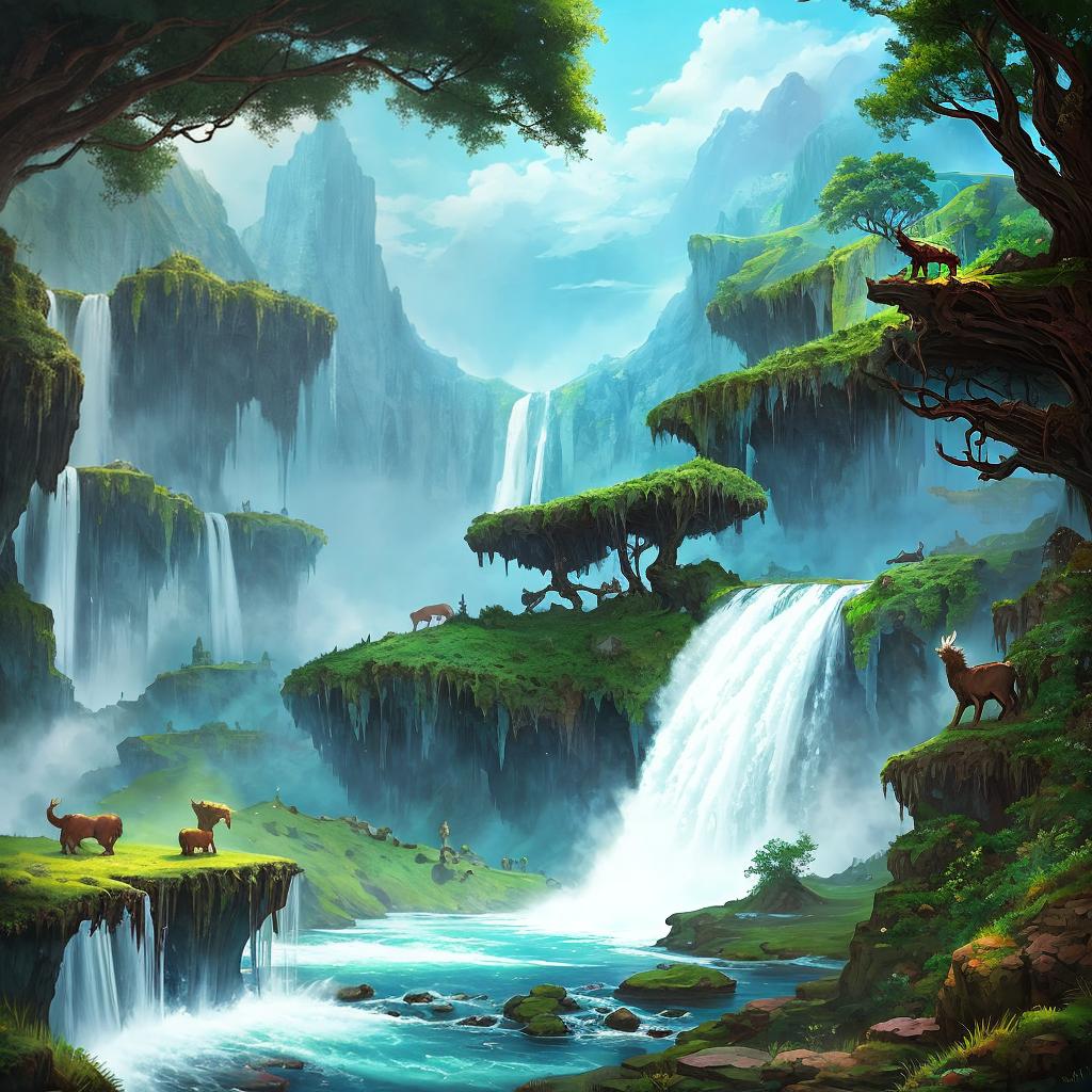  in a fantasy setting, Paint a surreal landscape where mythical beasts roam amidst cascading waterfalls.