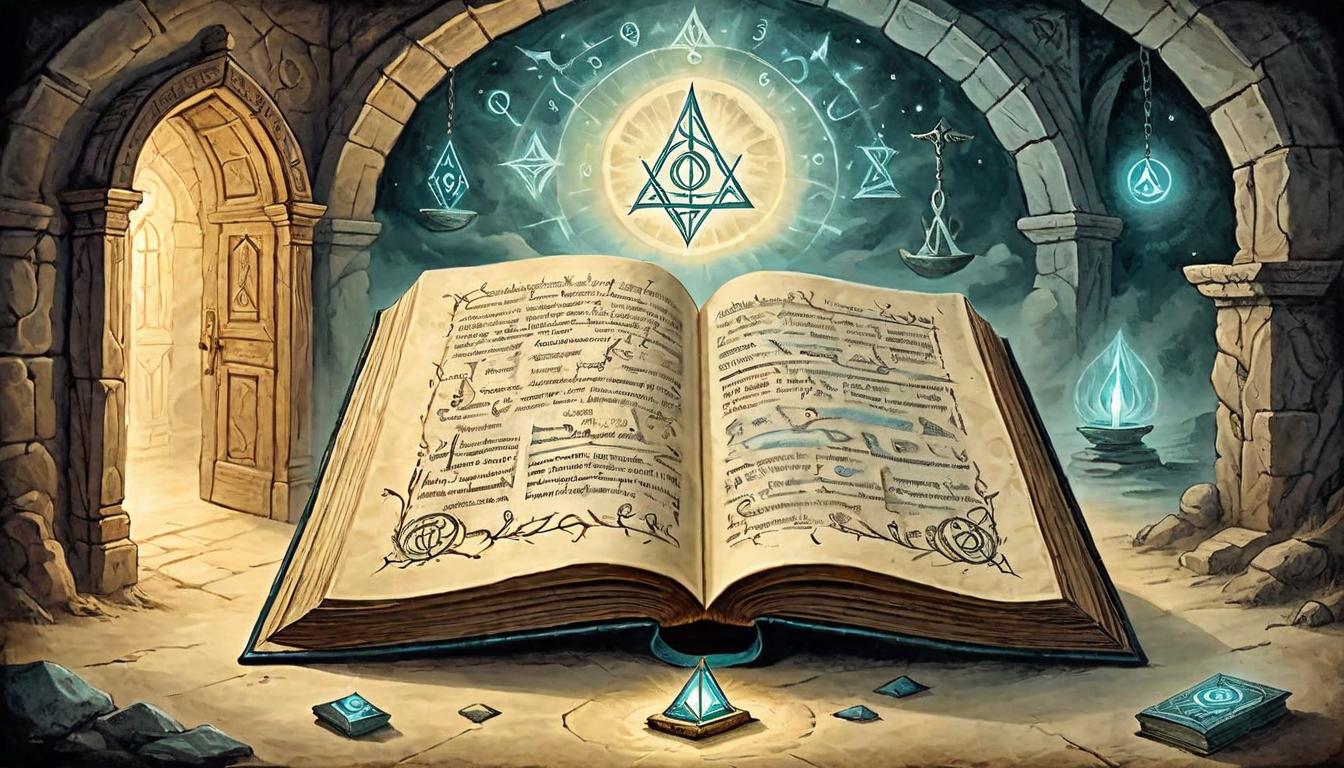  on parchment, surrealism+++, Open book with glowing runes, doorway to enlightenment, awareness expanded, guiding light, profound comprehension(mysterious, provocative, symbolic,muted color)+++