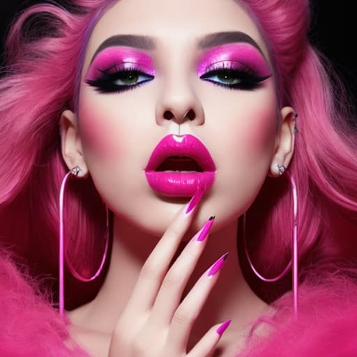  A with huge,, full pouty lips, hot pink lipstick, heavy makeup, hoop earrings, glistening, long painted fingernails, open mouth, heavy eyeshadow