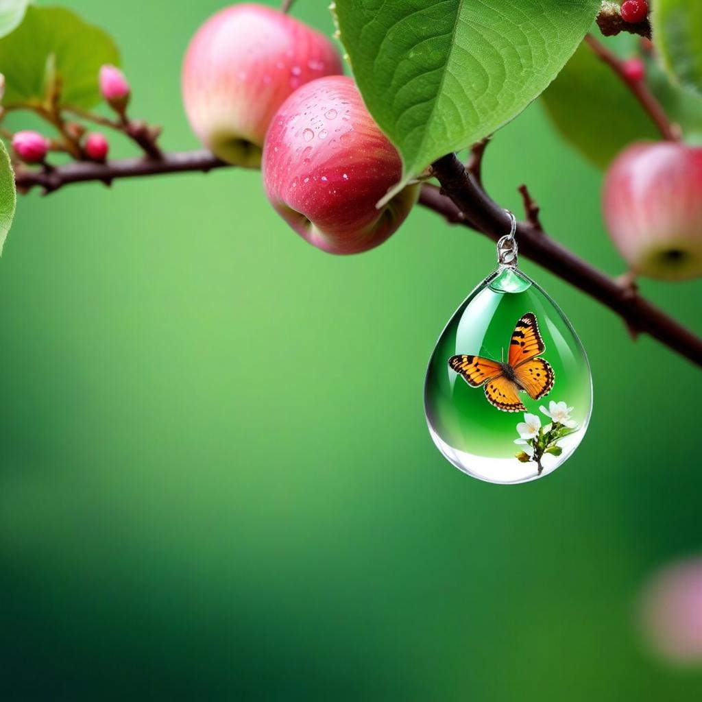  ethereal fantasy concept art of (Landscape) in a fantasy style. (Green leaf). There is an apple blossom on the leaf and a small transparent dewdrop hanging from the leaf. (Dewdrop). The dew drop reflects a path to a green forest, a field with pink flowers, flying butterflies. (Background): a green leaf lying on a sea pebble. . magnificent, celestial, ethereal, painterly, epic, majestic, magical, fantasy art, cover art, dreamy hyperrealistic, full body, detailed clothing, highly detailed, cinematic lighting, stunningly beautiful, intricate, sharp focus, f/1. 8, 85mm, (centered image composition), (professionally color graded), ((bright soft diffused light)), volumetric fog, trending on instagram, trending on tumblr, HDR 4K, 8K