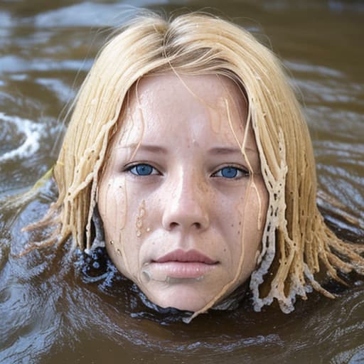  woman's face with blonde hair drowning in the river