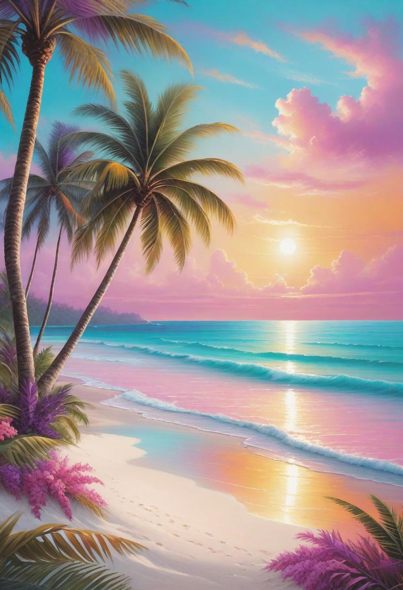  Create a vibrant tropical beach scene with crystal clear turquoise water, palm trees swaying in the gentle breeze, and white sandy shores. Add a touch of surrealism by painting the sky with vibrant hues of pink, purple, and orange, blending seamlessly with soft pastel clouds. Illuminate the scene with golden sunlight, casting warm and gentle rays that highlight the tropical paradise. hyperrealistic, full body, detailed clothing, highly detailed, cinematic lighting, stunningly beautiful, intricate, sharp focus, f/1. 8, 85mm, (centered image composition), (professionally color graded), ((bright soft diffused light)), volumetric fog, trending on instagram, trending on tumblr, HDR 4K, 8K