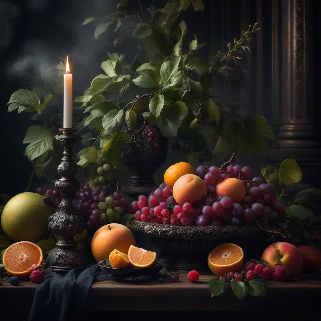  gothic style fruit is a still life painted in broad strokes in the Flemish style of the 17th century by the artist Paul Rubens . dark, mysterious, haunting, dramatic, ornate, detailed hyperrealistic, full body, detailed clothing, highly detailed, cinematic lighting, stunningly beautiful, intricate, sharp focus, f/1. 8, 85mm, (centered image composition), (professionally color graded), ((bright soft diffused light)), volumetric fog, trending on instagram, trending on tumblr, HDR 4K, 8K