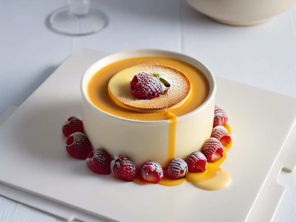  An ultradetailed image of a perfectly torched Crema Catalana dessert, featuring a smooth, goldenbrown caramelized sugar top layer that cracks delicately under the lightest touch, revealing a creamy, luscious custard underneath in a traditional Spanish ceramic ramekin. The rich custard is adorned with a single fresh raspberry and a sprinkling of finely grated lemon zest, all set on a sleek, modern, minimalist white plate with subtle geometric patterns adding a touch of elegance to the presentation. The lighting is soft, casting gentle shadows that enhance the textures and colors of the dessert, creating a mouthwatering visual feast that captures the essence of this iconic Spanish delicacy. hyperrealistic, full body, detailed clothing, highly detailed, cinematic lighting, stunningly beautiful, intricate, sharp focus, f/1. 8, 85mm, (centered image composition), (professionally color graded), ((bright soft diffused light)), volumetric fog, trending on instagram, trending on tumblr, HDR 4K, 8K