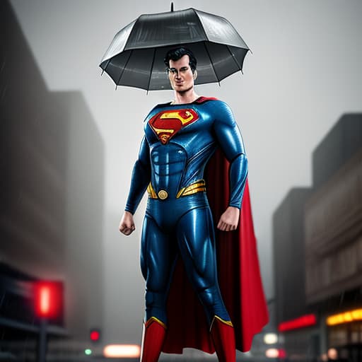  mj ,cinematic , superman standing under the rain , 8k, super detailed ,