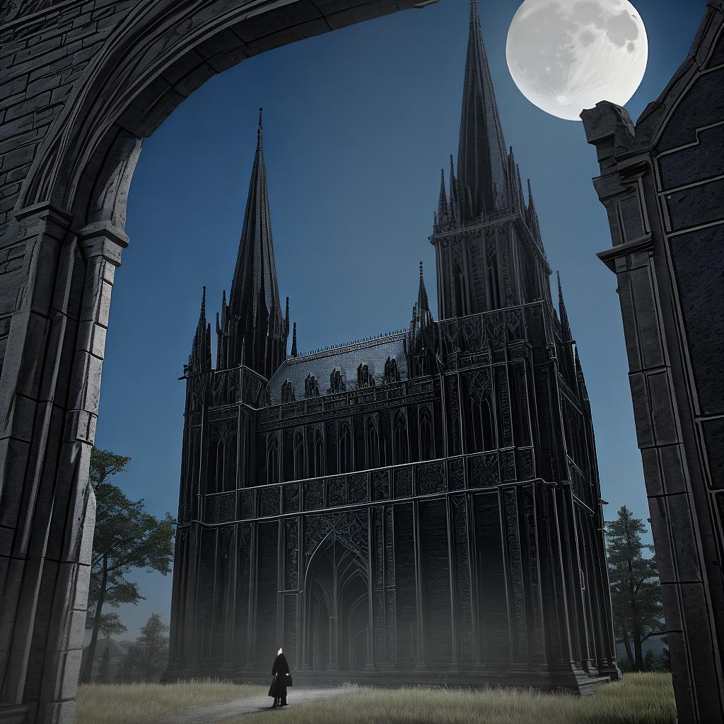  in a gothic aesthetic, Ethereal spires pierce the moonlit sky, as ancient arches weave tales of forgotten realms in a Gothic tapestry.