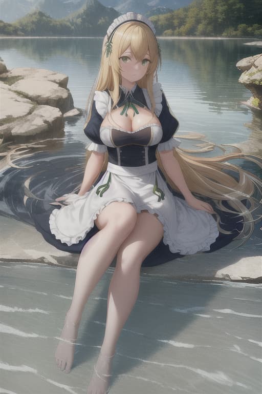  (score 9,score 8 up,score 7 up,),1girl,solo,maid,maid headdress,looking at viewer,outdoor,lake,apron,blonde hair,indoors,green eyes,bare foot,two feet in the water hyperrealistic, full body, detailed clothing, highly detailed, cinematic lighting, stunningly beautiful, intricate, sharp focus, f/1. 8, 85mm, (centered image composition), (professionally color graded), ((bright soft diffused light)), volumetric fog, trending on instagram, trending on tumblr, HDR 4K, 8K