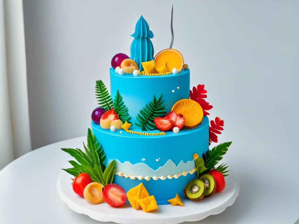  A minimalist image of a beautifully decorated tiered cake, featuring intricate fondant details in vibrant colors representing different party themes such as tropical, retro, and futuristic. The cake is elegantly displayed on a simple white cake stand against a clean, neutral background, allowing the intricate details of the cake to stand out and inspire ideas for thematic desserts. hyperrealistic, full body, detailed clothing, highly detailed, cinematic lighting, stunningly beautiful, intricate, sharp focus, f/1. 8, 85mm, (centered image composition), (professionally color graded), ((bright soft diffused light)), volumetric fog, trending on instagram, trending on tumblr, HDR 4K, 8K