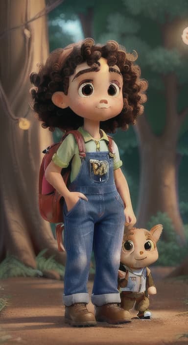  {The tree shining brightly and releasing a gentle, magical light., Riley, a curious with big brown eyes and curly hair, wearing overalls and carrying a small backpack. Their friend, Skye, a bluebird with shiny feathers.