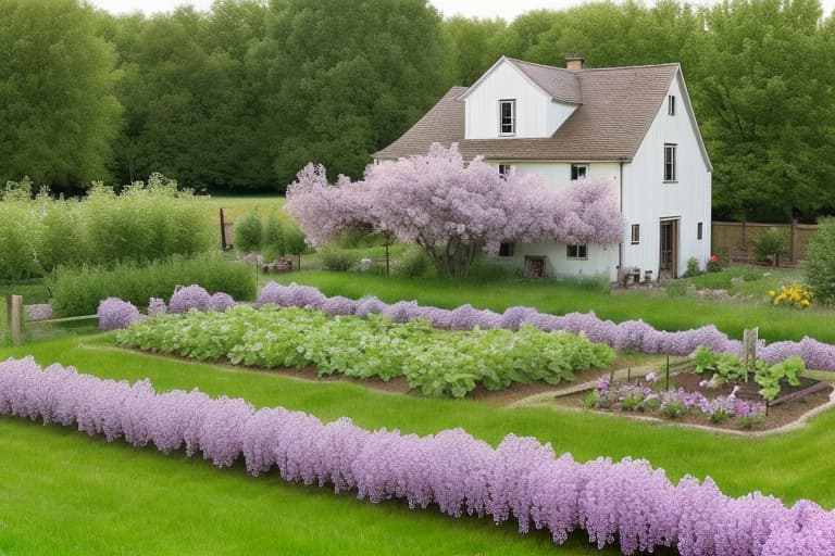  A farmhouse with a lilac growing over it and a cherry orchard and a raised vegetable garden bed