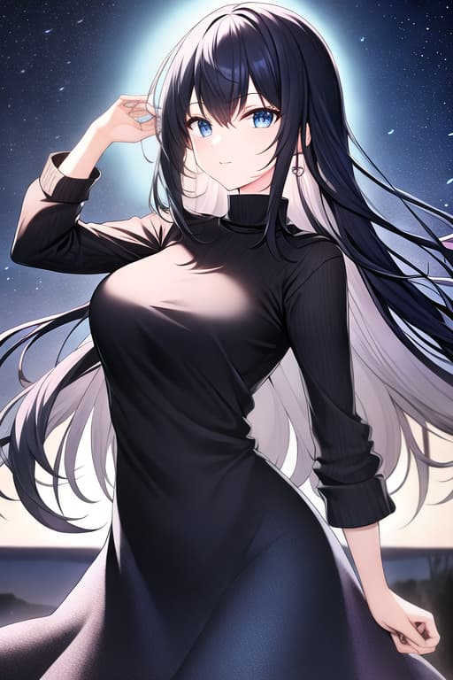  Black hair, blue eyes, slender, absolute area, best quounty, ultra-detailed, masterpiece, high resolution, delicated slender, wind, night sky, starry sky, light blue sweater