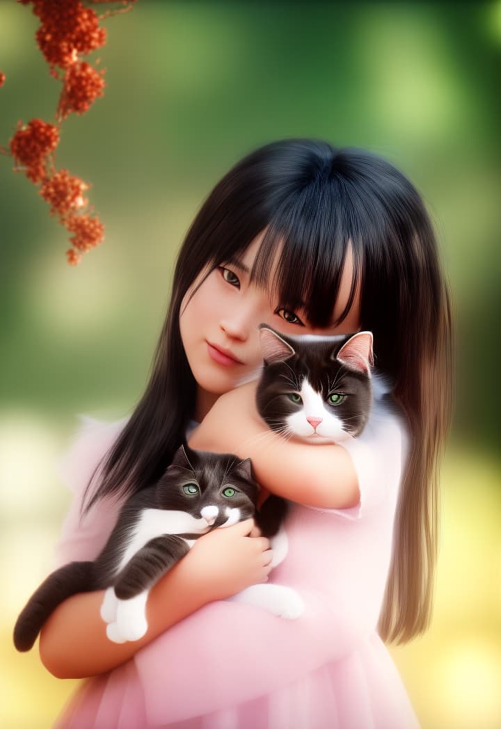 redshift style Cat and girl, porealistic, high quality, highly detailed, cinematic lighting, intricate, sharp focus, f/1. 8, 85mm, (centered image composition), (professionally color graded), ((bright soft diffused light)), volumetric fog, trending on instagram, HDR 4K, 8K