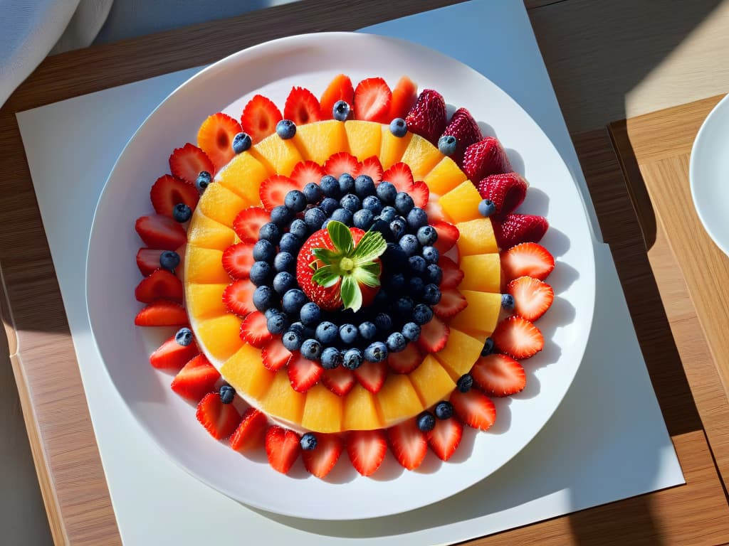  A closeup, ultradetailed image of a vibrant, intricate mandala made entirely out of various colorful fruits and vegetables slices arranged meticulously on a white plate. The fruits and vegetables are cut into precise shapes and sizes, showcasing a stunning array of colors and textures, from the deep red of a strawberry to the bright orange of a carrot. The lighting is soft, casting gentle shadows and highlighting the natural beauty of each ingredient. This visually striking and highly detailed image embodies the essence of natural, edible paints and conveys a sense of creativity, health, and inspiration. hyperrealistic, full body, detailed clothing, highly detailed, cinematic lighting, stunningly beautiful, intricate, sharp focus, f/1. 8, 85mm, (centered image composition), (professionally color graded), ((bright soft diffused light)), volumetric fog, trending on instagram, trending on tumblr, HDR 4K, 8K