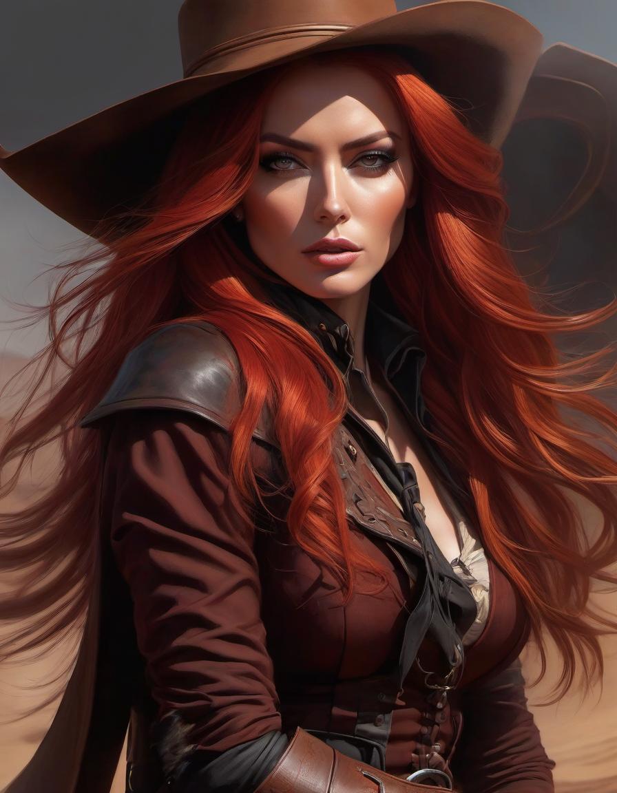  surrealist art Wild west gunslinger, female, long red hair, beautiful face, wild west outlaw, portrait, clear details, crisp quality, cartoon style, art by artgerm, art by wlop . dreamlike, mysterious, provocative, symbolic, intricate, detailed hyperrealistic, full body, detailed clothing, highly detailed, cinematic lighting, stunningly beautiful, intricate, sharp focus, f/1. 8, 85mm, (centered image composition), (professionally color graded), ((bright soft diffused light)), volumetric fog, trending on instagram, trending on tumblr, HDR 4K, 8K