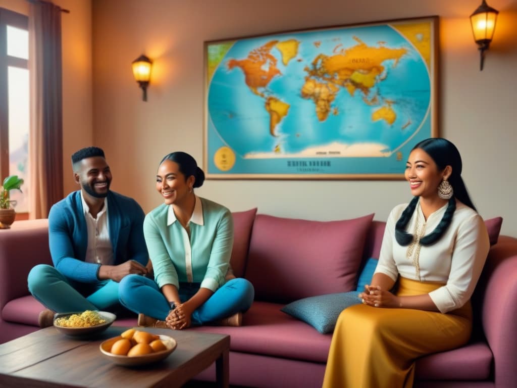  A photorealistic image of a diverse group of smiling young travelers sitting around a cozy living room in a homestay abroad, sharing stories and laughter with their host family. The room is warmly lit, adorned with cultural decorations, and features a large world map on the wall with pins marking their travel destinations. The travelers appear relaxed and engaged in conversation, showcasing a sense of community and cultural exchange. hyperrealistic, full body, detailed clothing, highly detailed, cinematic lighting, stunningly beautiful, intricate, sharp focus, f/1. 8, 85mm, (centered image composition), (professionally color graded), ((bright soft diffused light)), volumetric fog, trending on instagram, trending on tumblr, HDR 4K, 8K