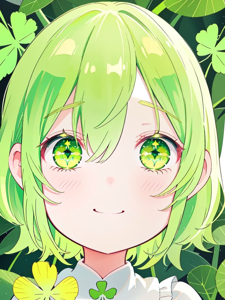  One little girl,delicate yellow green hair,delicate yellow green eye color,cute,smiling,four leaf clover,masterpiece,super analysis,super quality,8K, masterpiece, best quality,8k,ultra detailed,high resolution,an extremely delicate and beautiful,hyper detail